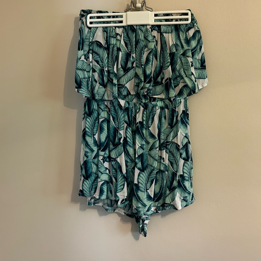 La Vie En Rose Aqua Banana Leaf Print Romper